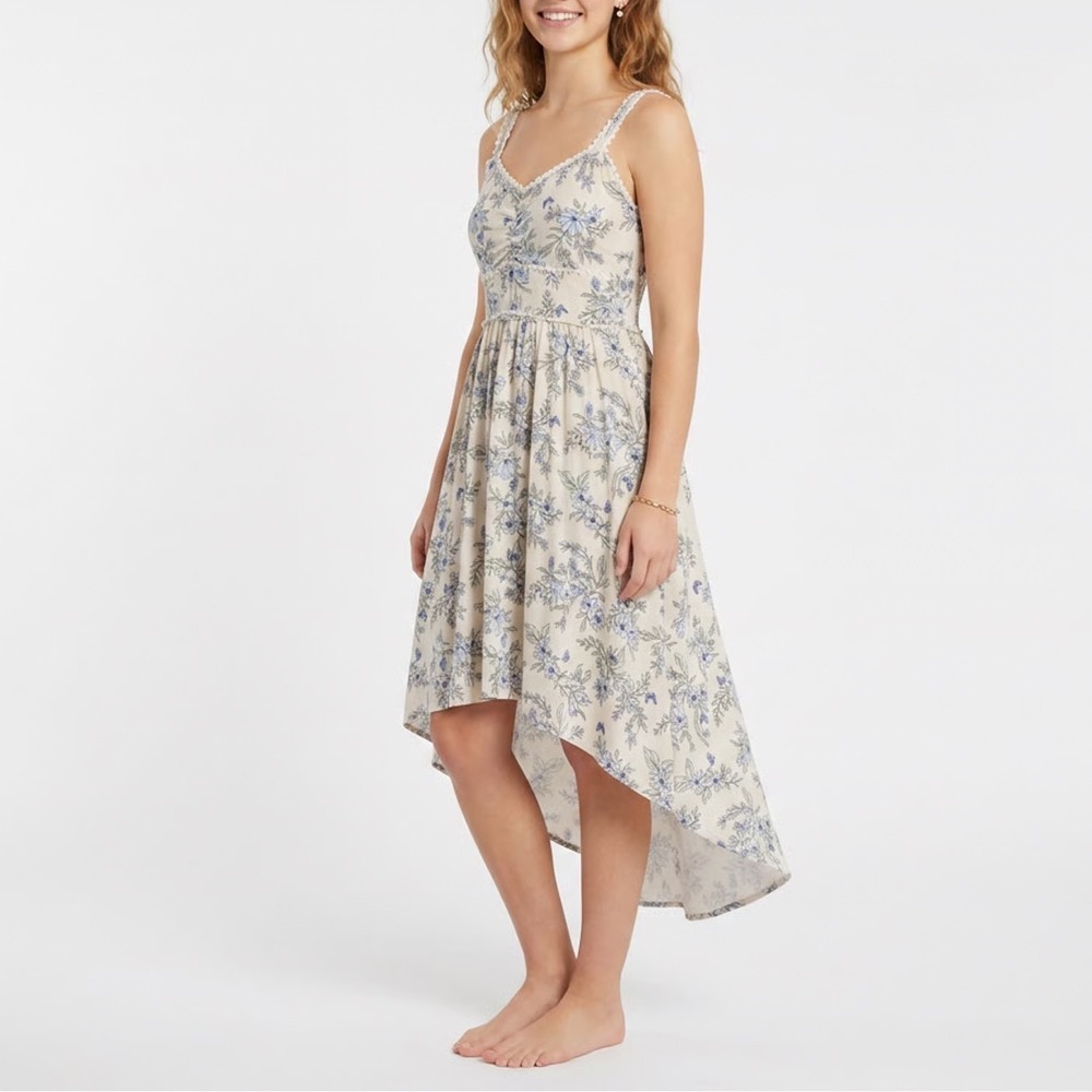 No Boundaries Floral High-Low Sundress Cream Blue Smocked Back Size L 11-13